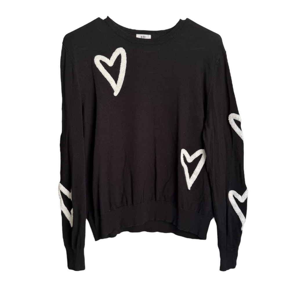 Yal New York Flocked Heart Sweater Black Lightweight Tight Knit Top Womens Large - Picture 2 of 7
